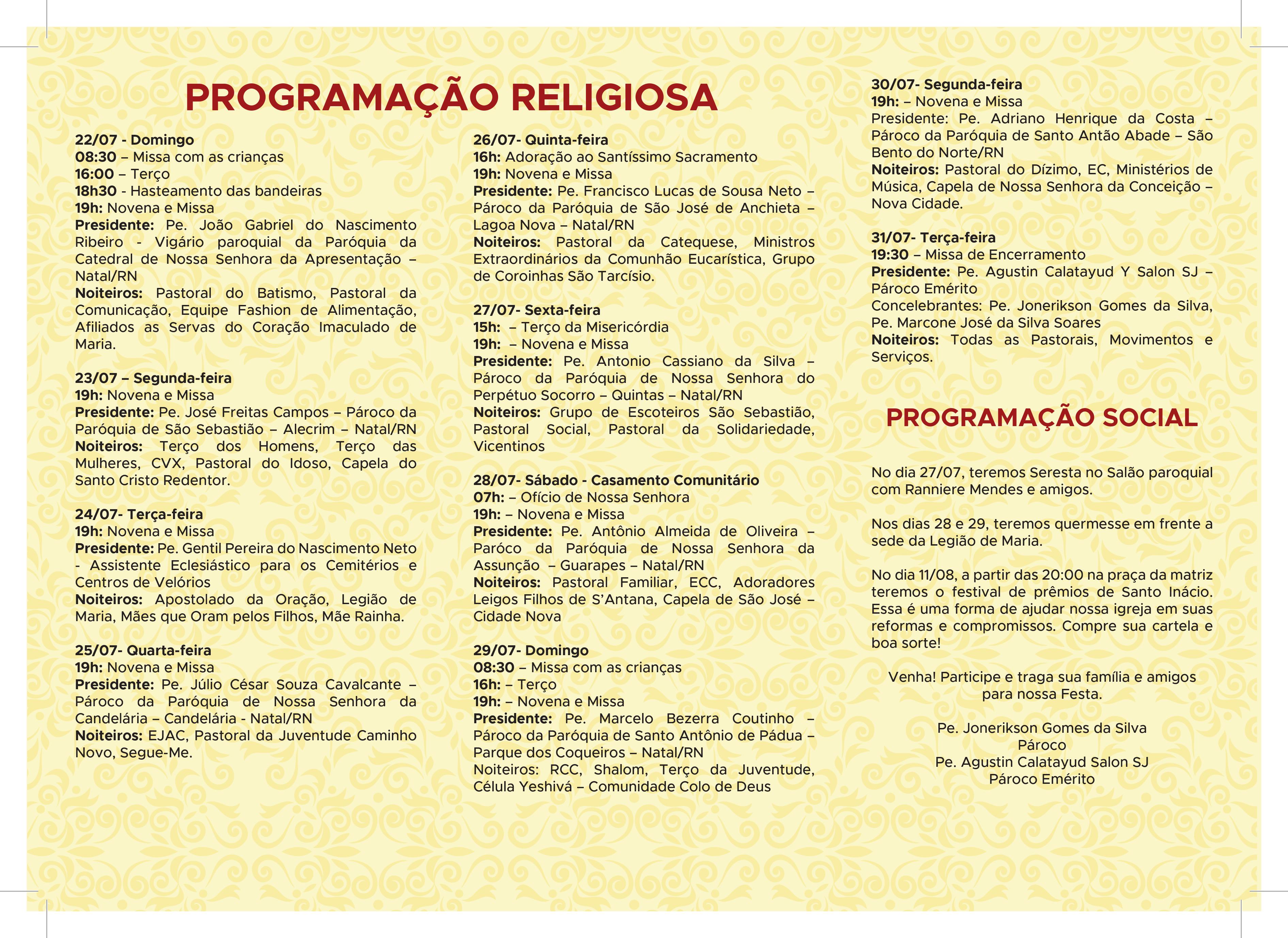 Programação da Festa de Santo Inácio de Loyola